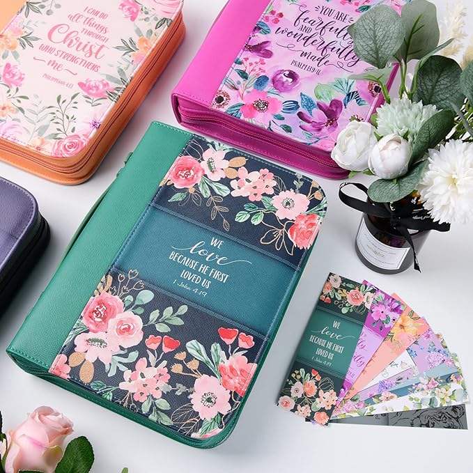 Bible Cover Case for Women with 7 Beautiful Paper Bookmarks Floral PU Leather Bible Cover Bag with Pockets and Zipper for Standard and Large Size Study Bible 10.8"x7.8"x2" (Dark Green)