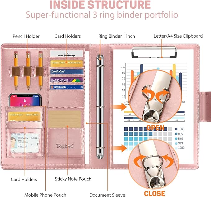 Toplive Portfolio 3 Ring Binder Padfolio Folder, Business Interview Resume Portfolio for Women Men A4/Letter Size Document Organizer with Clipboard Receipt Sleeve Card Holder, Rose Gold