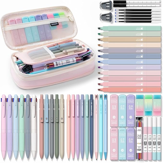 Four Candies 56 PCS Aesthetic School Supplies with Large Pencil Case, 6 Colored Ballpoint Pens, 12 Pastel Highlighters, 5 Black Ink Gel Pens, 9 Mechanical Pencils 0.5-2.0mm Student Essentials (Pink)