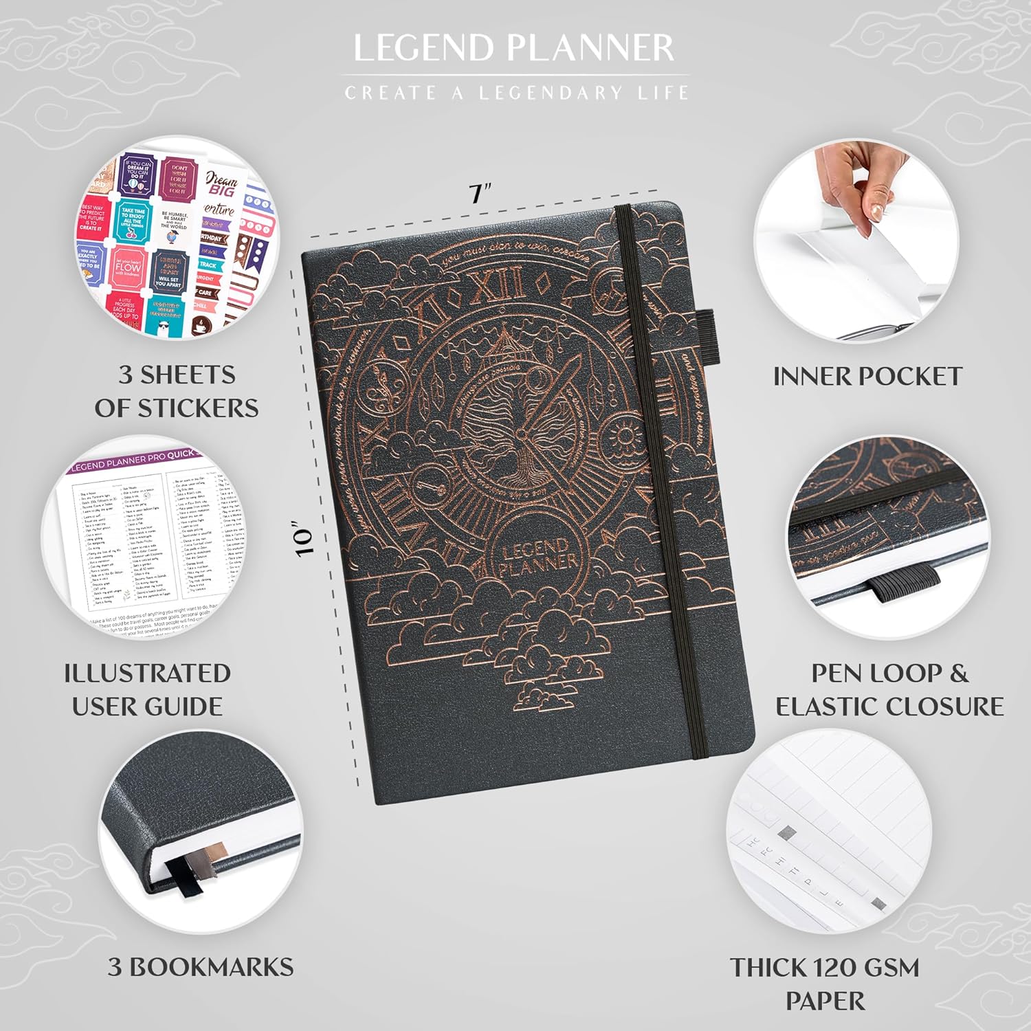 Legend Planner PRO – Deluxe Weekly & Monthly Life Planner to Increase Productivity and Hit Your Goals. Time Management Organizer Notebook – Undated – 7 x 10" Hardcover + Stickers – Mystic Gray