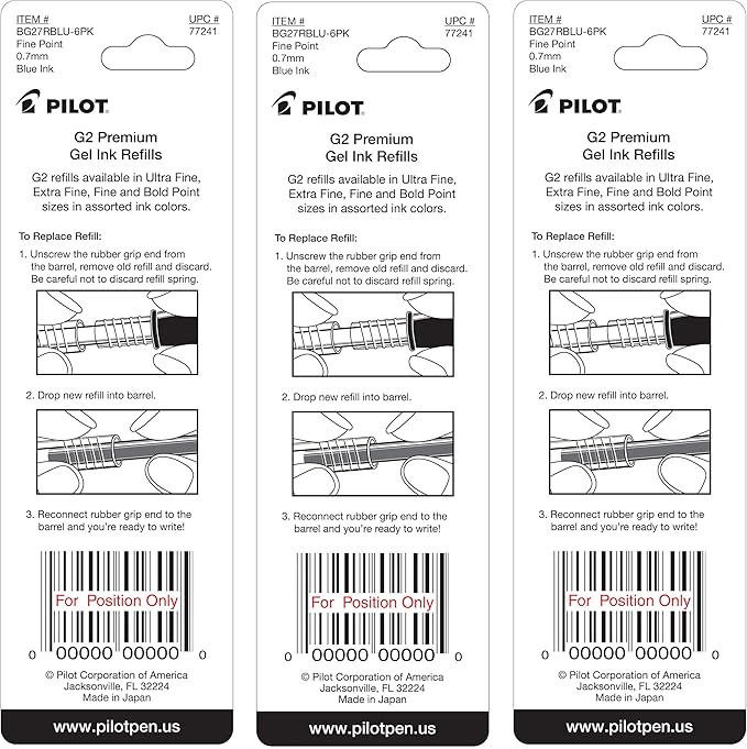 Pilot G2 Gel Ink Pen Refills, Fine Point, 0.7mm, Blue Ink, 6 Refills