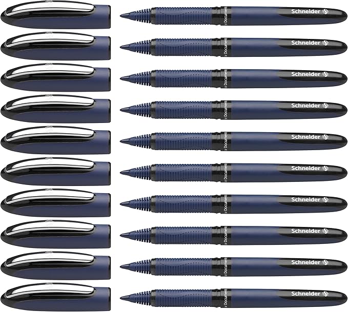 Schneider One Business Rollerball Pen, 0.6 mm Ultra-Smooth Tip, Blue Barrel, Black Ink, Box of 10 Pens (183001)