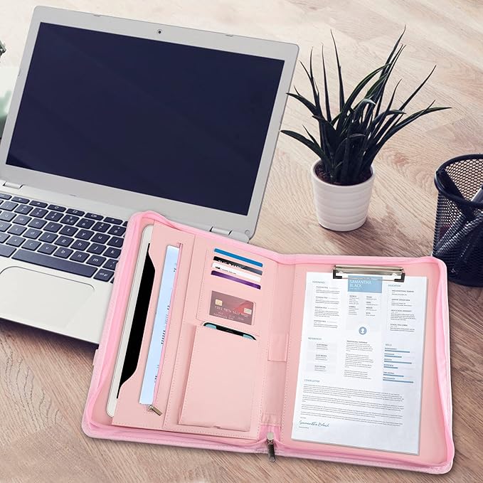 GraduatePro Portfolio Binder Leather Zippered Padfolio Folder Business Case Organizer Bag for Pad Notebook Resume with Clipboard for Women Graduation Gift, Pink