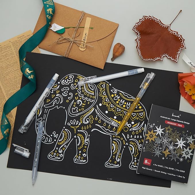 White Gold and Silver Gel Pen Set, 1mm Extra Fine Point Pens Gel Ink Pens Opaque Archival Ink Pens for Black Paper Drawing, Sketching,Card Making, Illustration, Bullet Journaling, 8 Pack