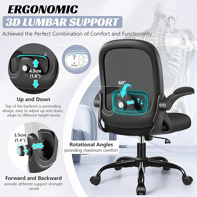 Office Chair Ergonomic Desk Chair with Adjustable 3D Lumbar Support and Height, Comfy Mesh Computer Chair with Flip-up Armrests, Swivel Rolling Task Chair with Wheels for Home Office (Black)
