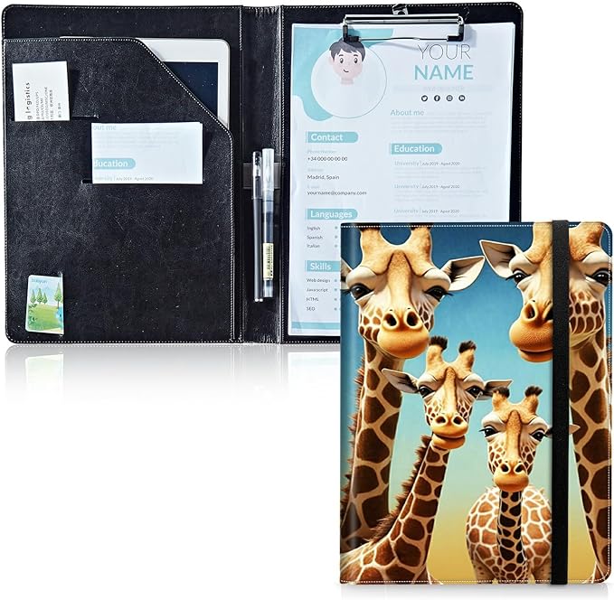 Padfolio Folder with Clipboard,Portfolios Organizer Clipboards with Storage Clipboard Writing Pad PU Leather Conference Document Organizer with Business Card Holder,Giraffe