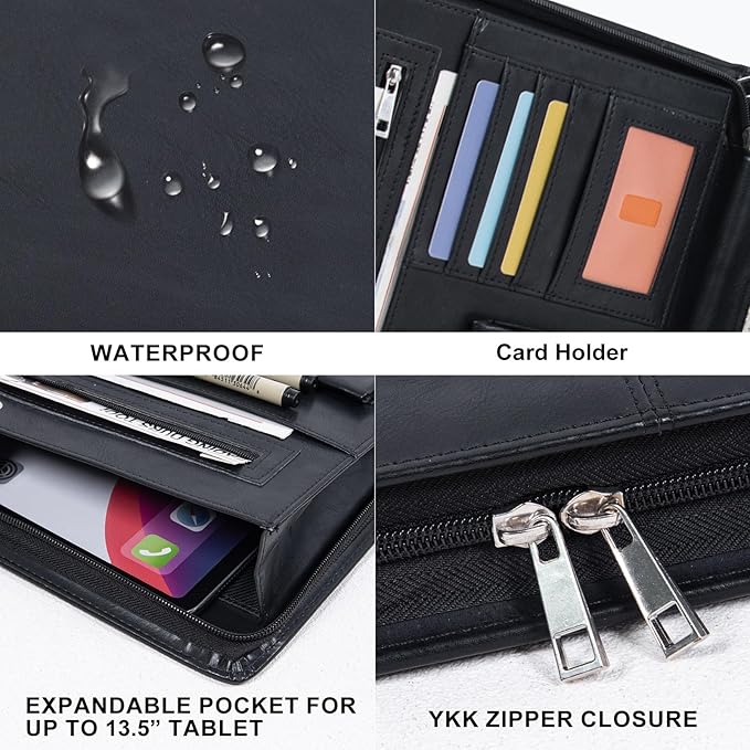 AZXCG Portfolio Binder, Leather Portfolio for Men, Padfolio for Women,Leather Folder, Portfolio Notebook, Gift for Women and Men, Black