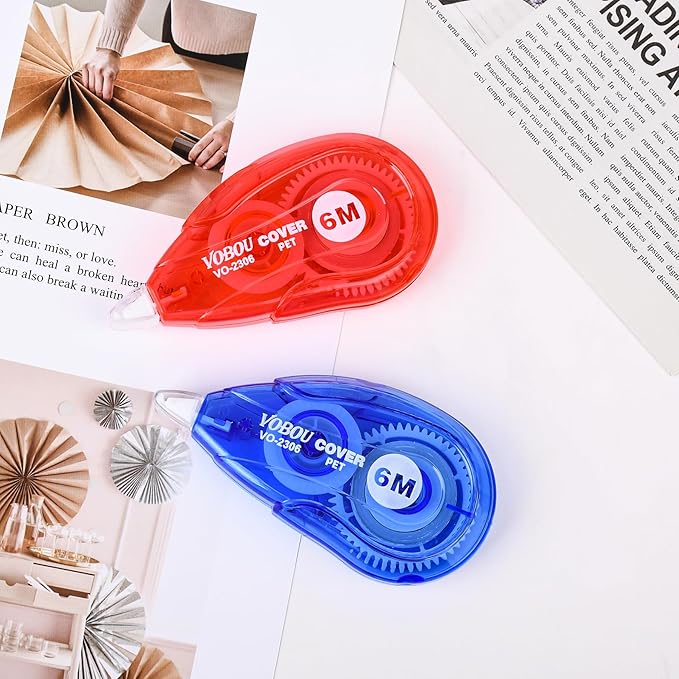 White Correction Tape, Easy To Use Applicator for Instant Corrections Wrong Writing At Any Time, For school, Office (Red and Blue, 12pack, 6M/256" x 0.2")
