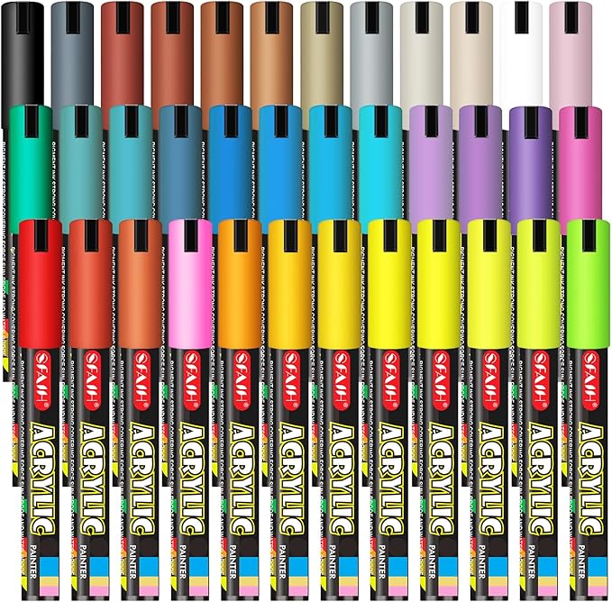 SFAIH Acrylic Creative Markers - 3mm Replaceable Nibs 36 Colors, Large Ink Capacity, Ultra-High Coverage, Non-Bleeding Water-Based Ink, Drawing Markers for Art Supplies, Wood, Fabric, Rock Painting