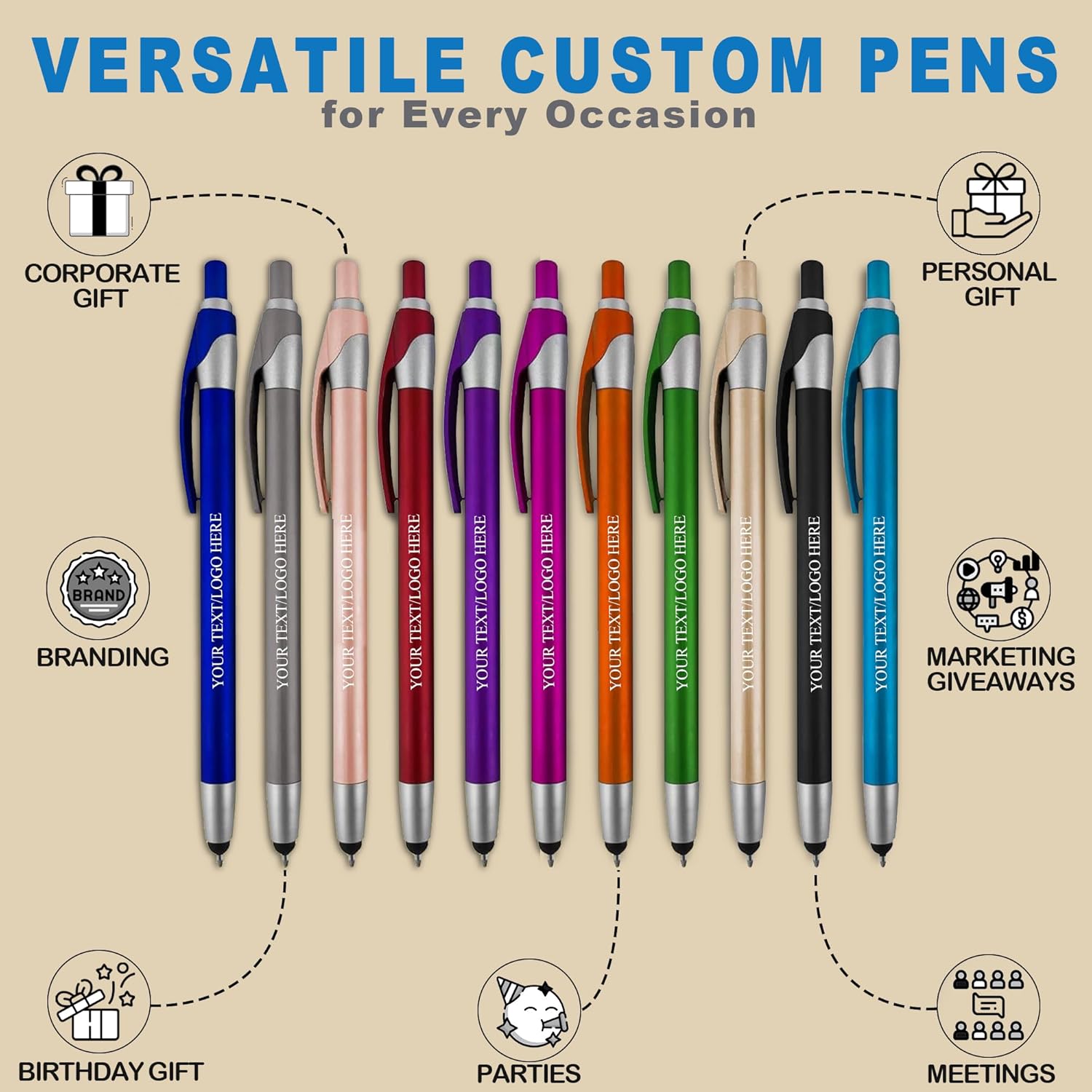 Personalized with Your Custom Logo or Text Pens-Pack of 300- for Marketing, Parties, and Events, 2 in 1 Capacitive Stylus & Ballpoint Pen Compatible with Touchscreen Devices, Black Ink, Assorted