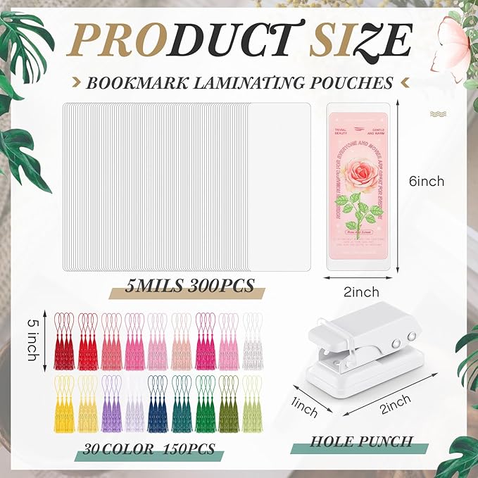 Fuyoooo 601 Pcs DIY Bookmark Making Kit 2.36 x 6.3 Inches Bookmark Laminating Pouches 5 Mil Hot Laminator Sleeves with Rainbow Tassels and Puncher Fit Most Pouch Laminating Machines