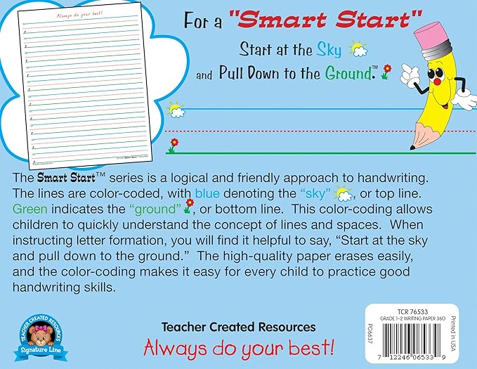 Teacher Created Resources Smart Start 1-2 Writing Paper: 360 Sheets, White, 8-1/2 x 11 in (76533)