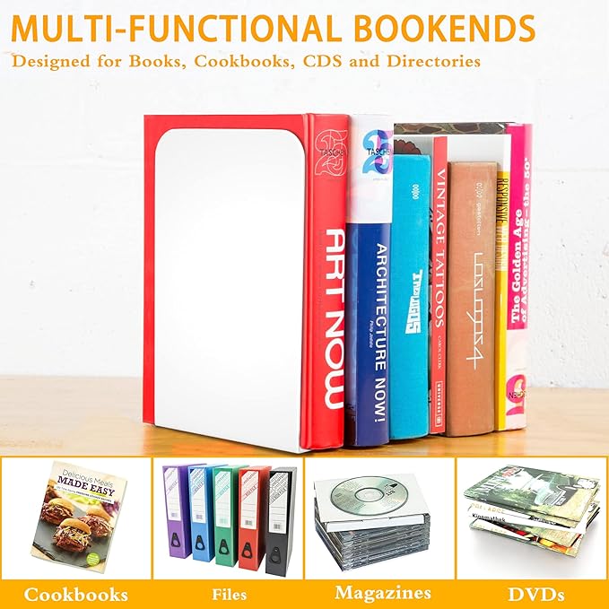 VFINE Bookends 4 Pairs, White Metal Book Ends, Bookends for Shelves, Book Stopper for Heavy Books, Book Dividers for Home Office