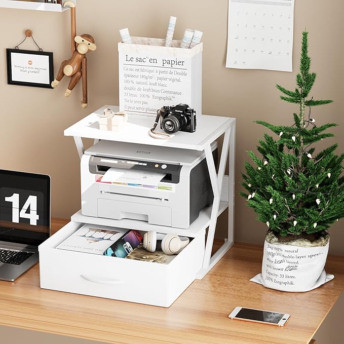 aboxoo Printer Stand for Desk with Storage Drawer, 2 Tier Desktop Or Under Desk Shelf, Multi-Purpose Desk Organizer for Home Office, fit Fax Machine/3D Printer/Scanner, White