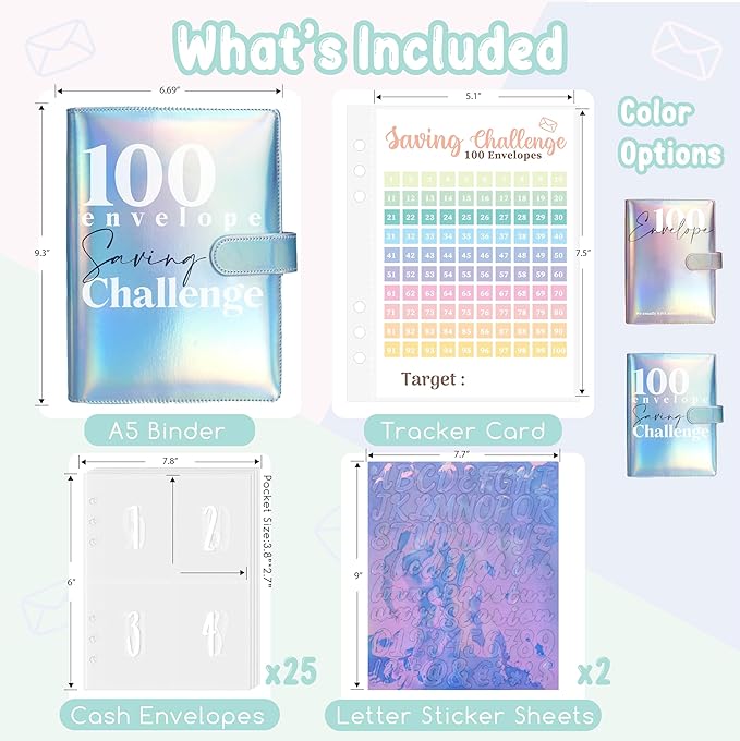 Axolotl 100 Envelopes Money Saving Challenge Binder, A5 Savings Budget Challenges Binders with Cash Envelopes, 100 Days Envelope Saving Binder Book, Budget Planner (Laser Blue)