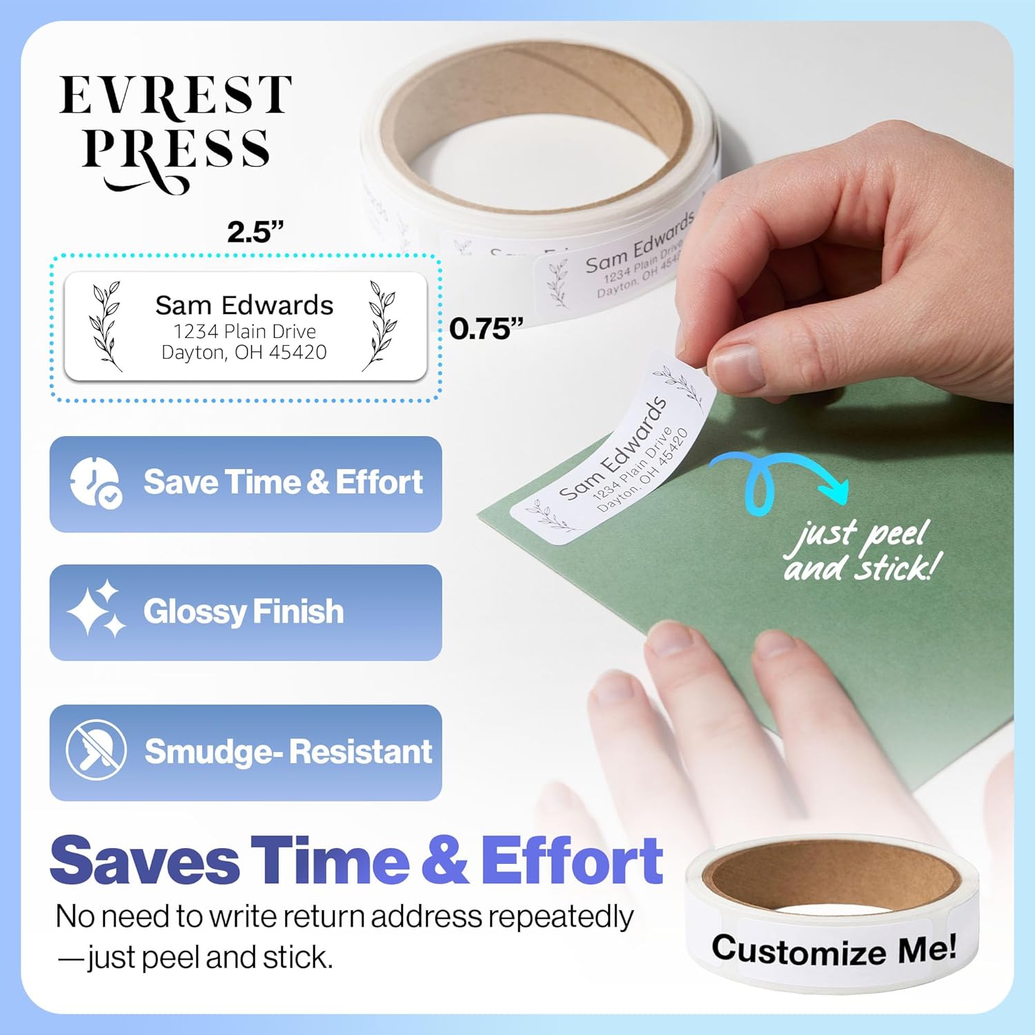 300 Personalized Address Labels - Glossy White Return Address Label 2.5" x 0.75'', Stylish Fonts for Envelopes & Packages, Customizable Labels for Home or Office Use