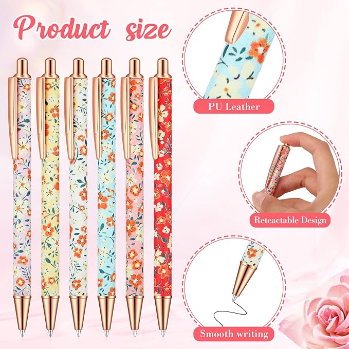 Glenmal 12 Pcs Flower Pens for Women Floral Ballpoints Pretty Fancy Pens Retro Floral Cute Ballpoints Black Ink Metal Retractable Writing Journaling Gifts for Office Supplies