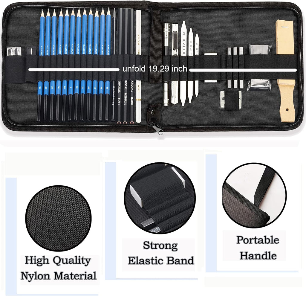 KALOUR 33 Pro Drawing Kit Sketching Pencils Set,Portable Zippered Travel Case-Charcoal Pencils, Sketch Pencils, Charcoal Stick,Sharpener,Eraser.Art Supplies for Artists Beginner Adults Teens