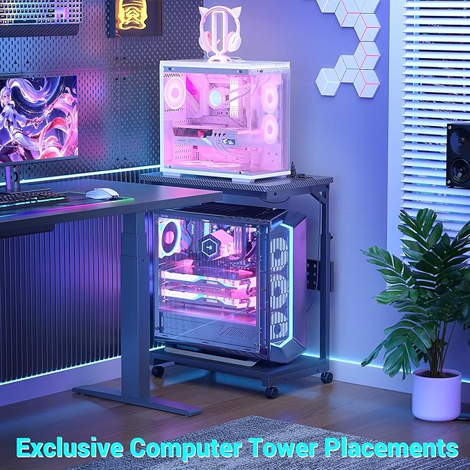 Computer Tower Stand with Power Strips, Height Adjustable PC Tower Stand/Cart with Wheels, Mobile Rolling CPU Holder, Computer Cart Side Stand for Computer Desk, 24", Carbon Fiber Black