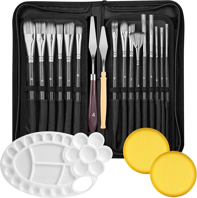 21Pcs Paint Brush Set, 15 Oil Paint Brushes, Paint Palette, Palette Knife, Sponges, Standing Organizer, Professional Artist Paint Brushes for Acrylics, Watercolors, Gouache, Canvas and Face Painting