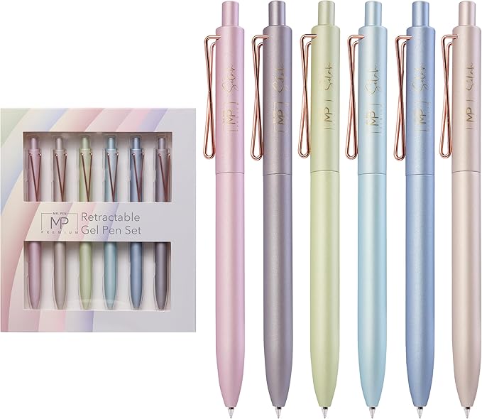 Mr. Pen- Retractable Gel Pens, 6 Pack, Black Ink Gel Pens Fine Point, Metallic Colorful Barrels, Retractable Pens, Gel Ink Pens, Aesthetic Pens for Journaling Fine Tip Pens