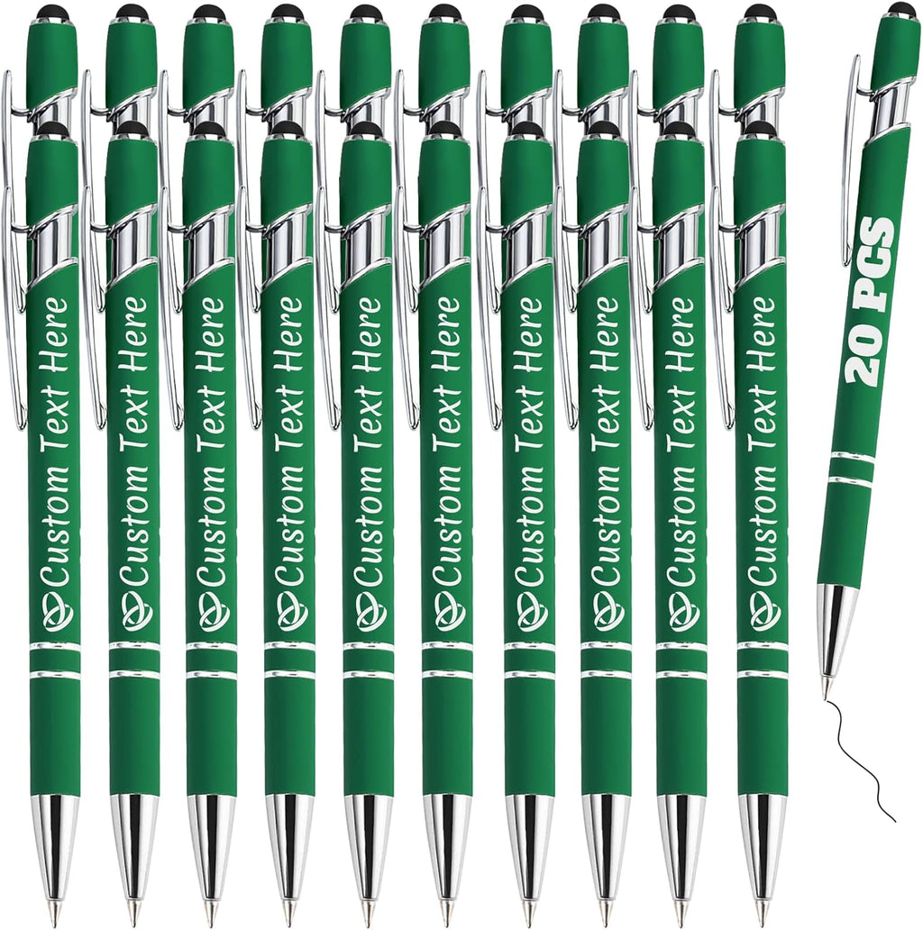 Personalized Pens Bulk 20 with Name Custom Engraving Ballpoint Pens with Stylus Tip Customized Smooth Writing Pens Personalized Gifts for Anniversary Birthday or Graduation(Dark Green,Black Ink)