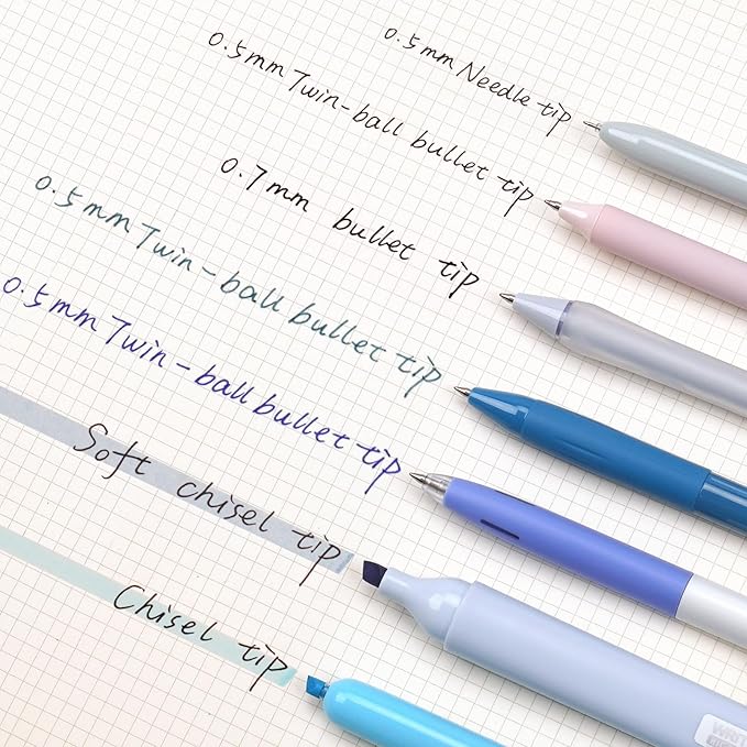 WRITECH Gel Pens Journaling Highlighters: Journal Set Aesthetic Assorted Pastel Color Ink 0.5mm Fine Point Retractable 0.7mm Black Pen Smooth Writing Drawing No Bleed 7ct (Blue)