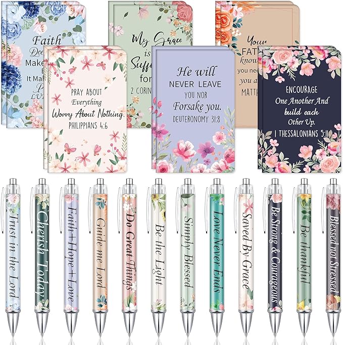 Colarr 24 Pcs Christian Bulk Gifts for Women Men Bible Verse Pens and Notebooks Religious Easter Gifts Scripture Ballpoint Pens Journals Sunday School Church Inspirational Study Supplies(Delicate)
