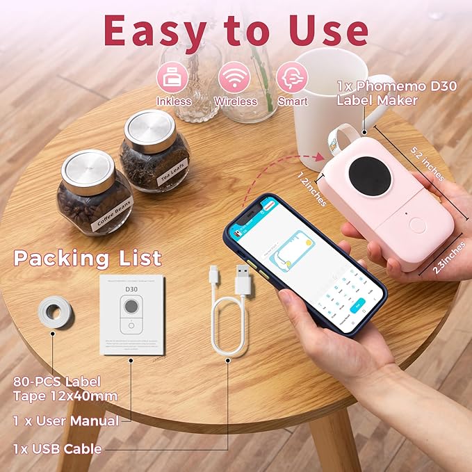 Phomemo Label Maker Machine, D30 Portable Handheld Bluetooth Mini Label Maker Printer, Multiple Templates for Smartphone Thermal Small Label Maker Rechargeable Easy to Use for Home Office School