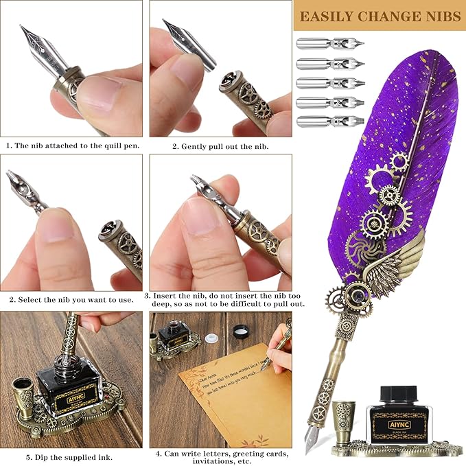 Quill Pen Ink Set, Feather Pen Ink Set With Quill Pen, Notebook, 5 Replaceable Nibs, Seal Stamp, Spoon, Wax Beads, White Wax, Ink, Pen Holder, Cup, Envelope, Letter Paper, Envelope Tool(Purple)