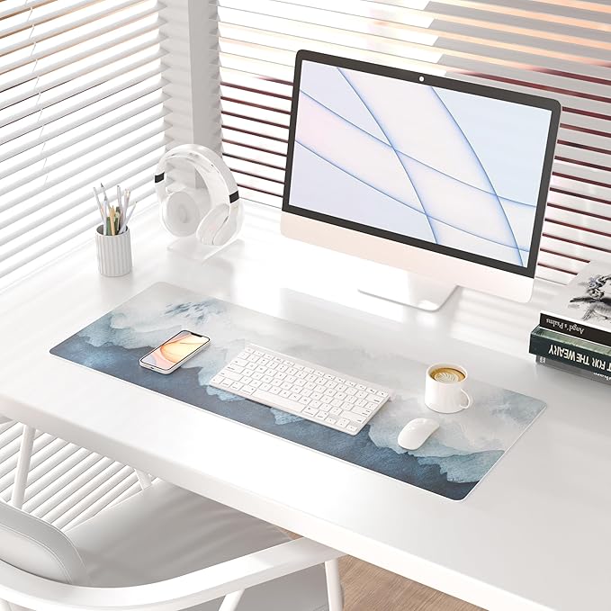 QIYI Desk Pad Large Keyboard and Mouse Pad for Laptop Computer, PU Leather Desk Cover Protector, Desk Décor Accessories for Office Home Work Writing Gaming 31.5" x 11.8" - Watercolor Mountain