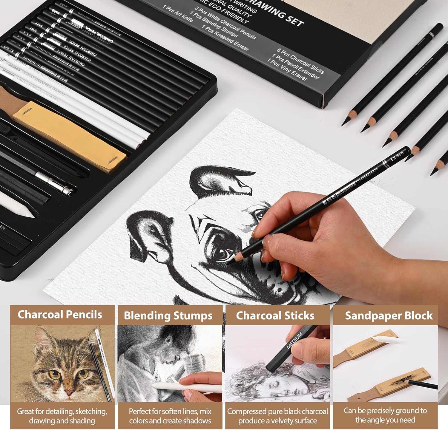 27 Piece Charcoal Drawing Set - Professional Black & White Charcoal Pencils for Sketching, Shading & Blending, Graphite Sticks with Artist Art Supplies Kit (Beginners & Professionals)