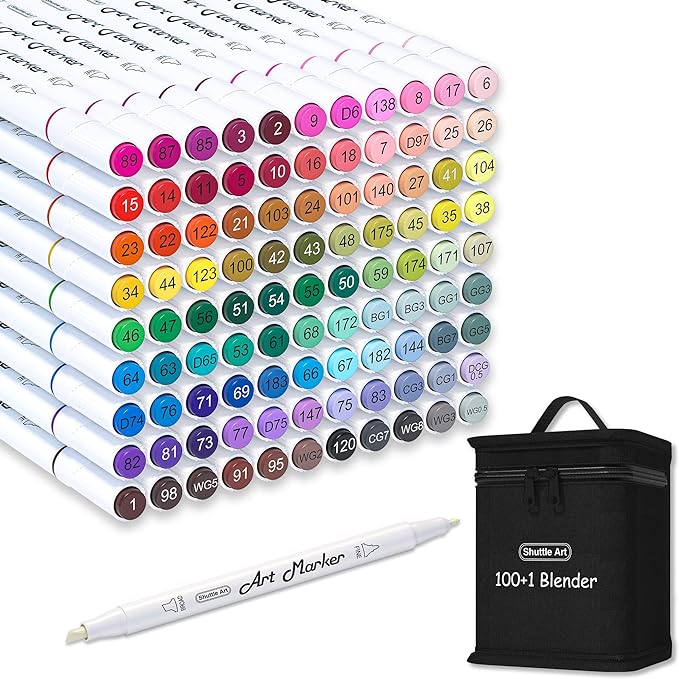 Shuttle Art 101 Colors Dual Tip Alcohol Based Art Markers,100 Colors plus 1 Blender Permanent Marker Pens Highlighters with Case Perfect for Illustration Adult Coloring Sketching and Card Making