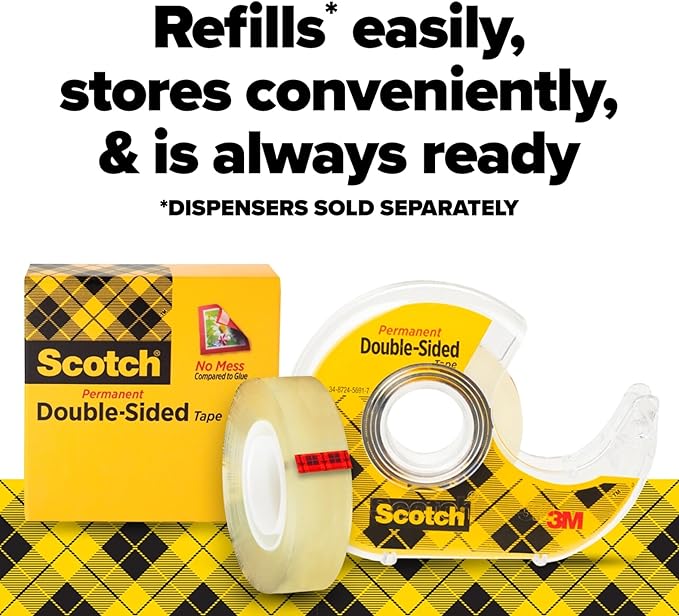 Scotch Double Sided Tape, Office and School Supplies for Arts and Crafts, Alternative to Scrapbooking Tape, 0.50 in. x 500 in., 2 Refill Tape Rolls