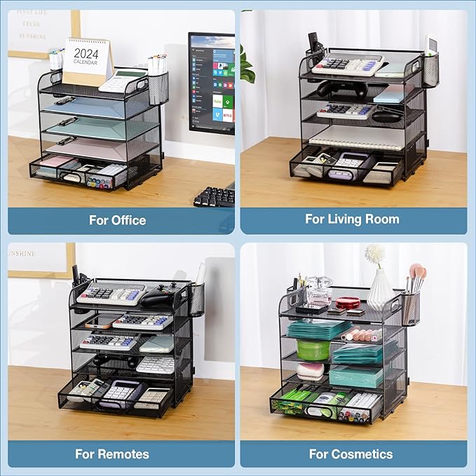 5-Tier Letter Tray Desk Organizer with Drawer and Pen Holder, Mesh File Organizer with Handle, Office Supplies Document Paper Sorter Desk Organization for Home Office, Black