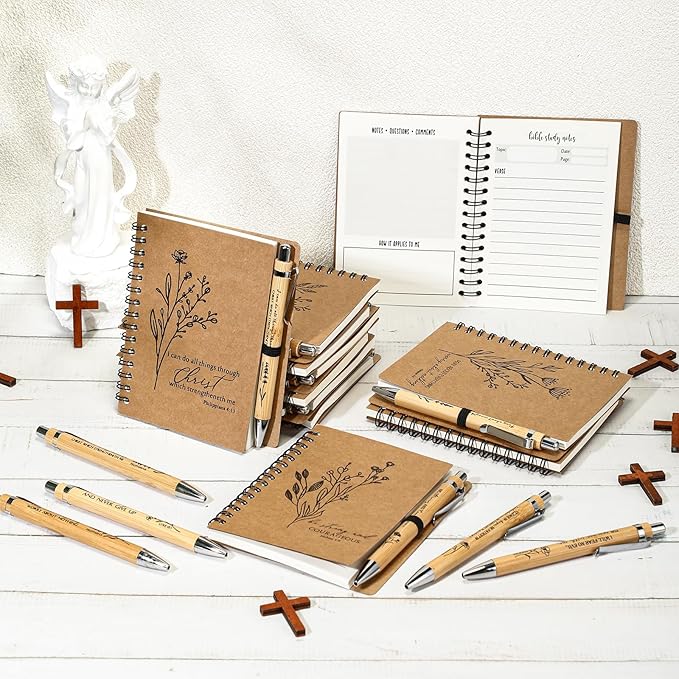 200 Pcs Bible Verse Spiral Notebook with Bamboo Christian Ballpoint Pens Aesthetic Religious Notepads Inspirational Journals Easter Christian Gifts for Women Men Office (Special Style)