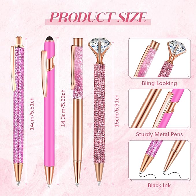 Sabary 8 Pcs Ballpoint Pens with Pen Holder for Desk Glitter Crystal Diamond Fancy Pencil Holder Bling Desk Organizer Cute Stationery Supplies for Women Girls Wedding Office School Gifts(Shiny Pink)