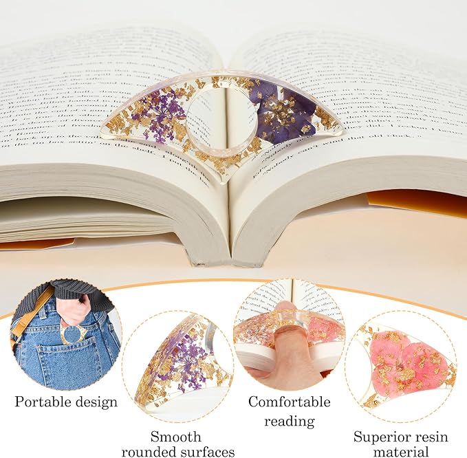 Book Page Holder for Reading, 4 PCS Dried Flower Resin Transparent Bookmark, Thumb Book Page Holder Reading Accessories for Reading Lovers, Gifts for Bookworm, Literary, Students and Teachers
