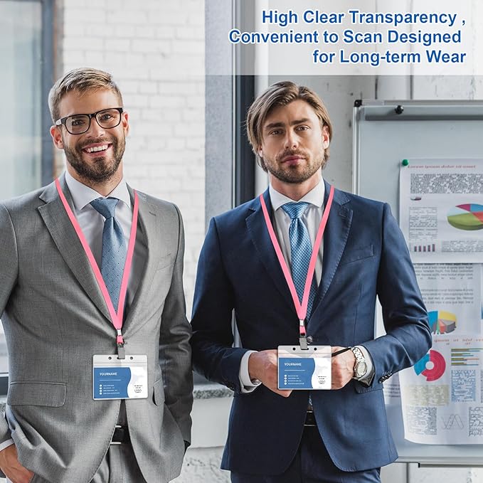 100 Pcs Lanyards for ID Badges and 100 Pcs Clear Name Tag Holders Reusable Lanyard with Clip Plastic ID Card Badge Holder Name Badges for Adults Kids Business School Office Supplies (Pink)