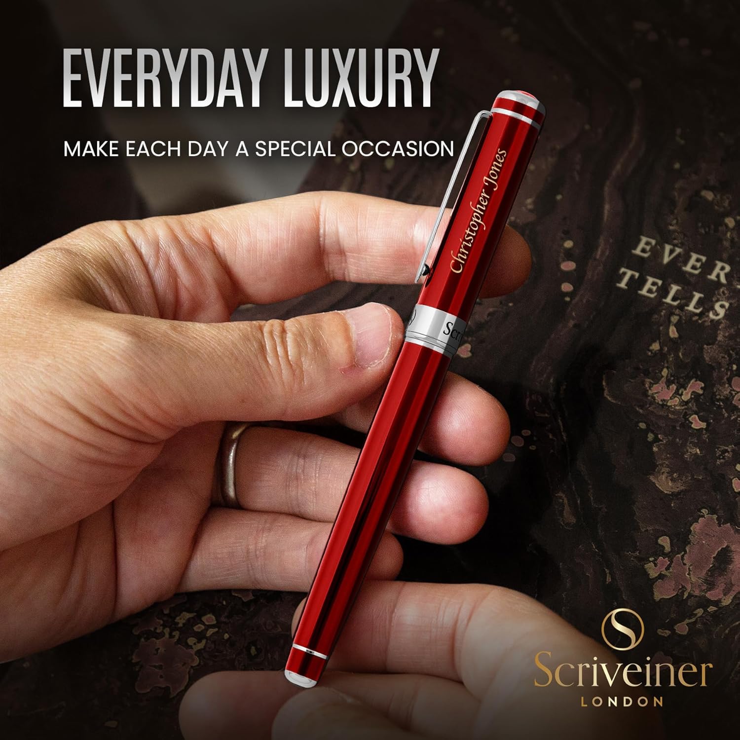 Scriveiner Personalized Deep Crimson Red Pen - Stunning Red Lacquer Luxury Pen with Chrome Finish, Schmidt Ink Refill, Best Engraved Roller Ball Gift Set for Men & Women, Custom Name Engraving