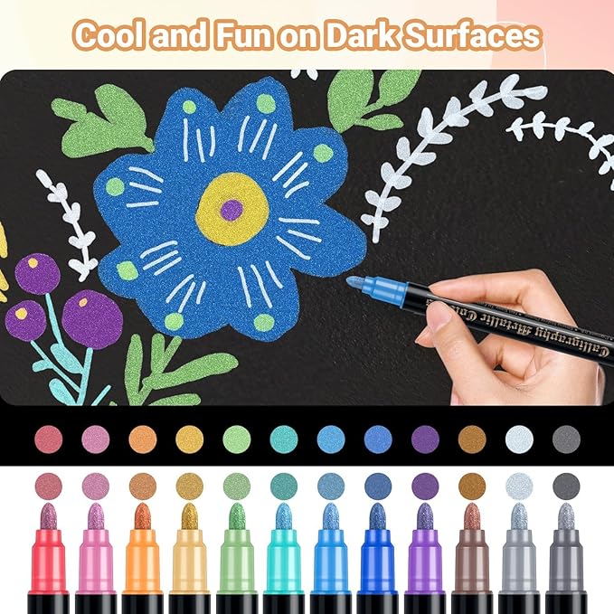 Metallic Markers for Scrapbooking: 12 Scrapbook Markers, Scrapbook Metallic Pens for Black Paper, Rock, DIY Card Decorative, Wedding, Graduation Scrapbook Supplies, Dual Tips Scrapbooking Pens