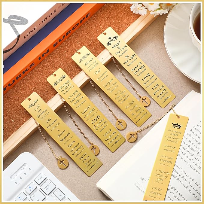 5 Pcs Christian Gifts for Women Metal Religious Bible Verse Bookmark Gifts for Friend Inspirational Christian Bookmarks with Church Cross Chain Scripture Bookmarks for Men Bulk Gift (Gold)