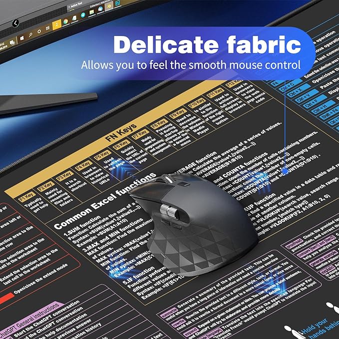 Waterproof Mouse pad—Excel Cheat Sheet Desk pad—Contains 9 major Excel function module and common functions—Large XXL (35.45" x 15.75")|Mousepad for Keyboard and Mouse|Computer mat with excel Shortcut
