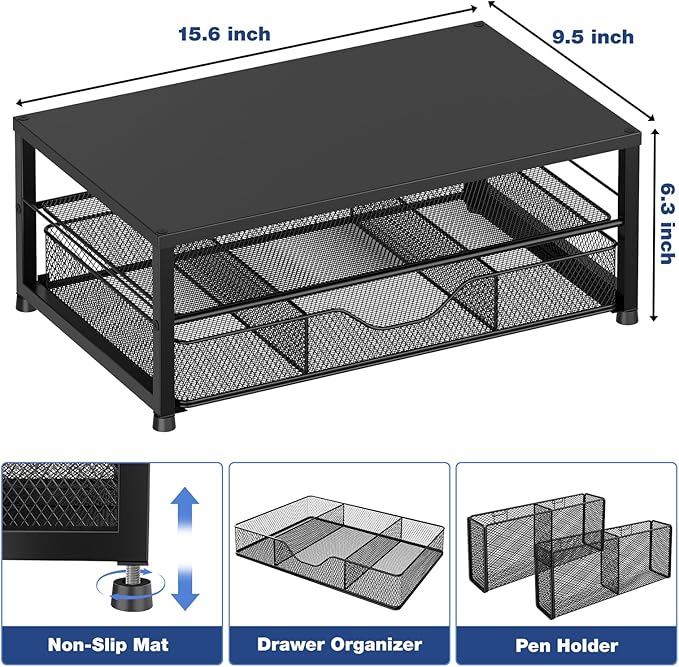 Desk Organizers and Accessories, 2-Tier Computer Monitor Stand for Desk Organizer with Drawer and 2 Pen Holders, Office Desk Accessories Workspace Desktop Organizers for Office Supplies, Black