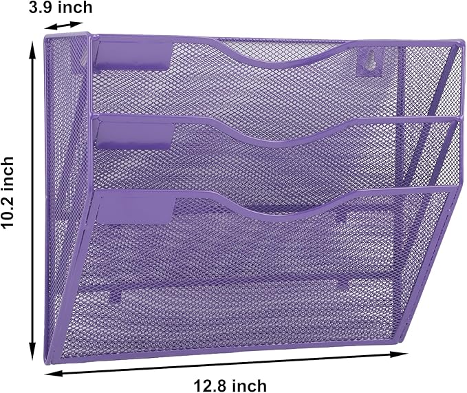 EASEPRES 3 Pocket Mesh Hanging Wall File Organizer, Wall Mounted Mail Paper Document Folder Holder, Clipboard Storage Organization Magazine Rack with Nametag Label for Office School Home, Purple