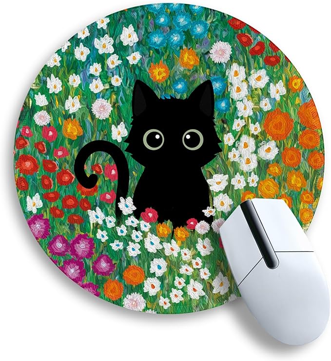 Gctriki Anime Black Cat Mouse Pad 8.6 x 8.6 Inch, Funny Round Mousepad for Gaming Laptop Computer, with Stitched Edge Non-Slip Rubber Base, Cute Cat Flower Home Office Decor Desk Accessories