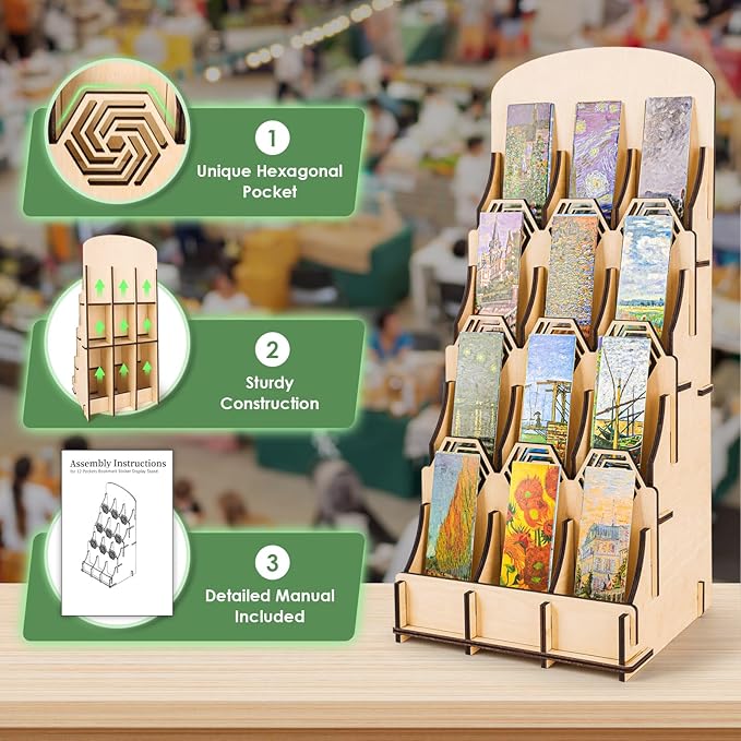 Bookmark Display Stand, Bookmark Holder Sticker Display for Anyting up to 2.4 Inches Wide, 4 Tier Wood Bookmark Stand, Portable Product Bookmark Display for Vendors, Craft Show, Retail Store