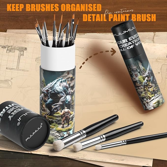 Miniature Paint Brushes with Domed Dry Brush Set for Miniature Painting, Fuumuui 14Pcs Miniature Model Paint Brush Set Dry Brush Miniatures for Warhammer 40k, Vallejo Paint, Citadel Paint