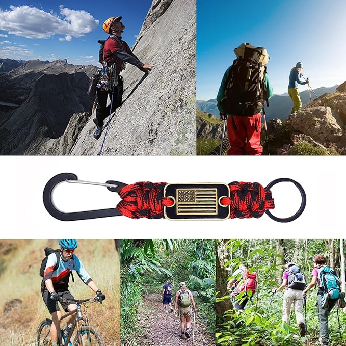 Paracord Keychain with USA Flag, Paracord Carabiner Keychain Clip, Braided Lanyard Utility Ring Hook Outdoor Camping Kit