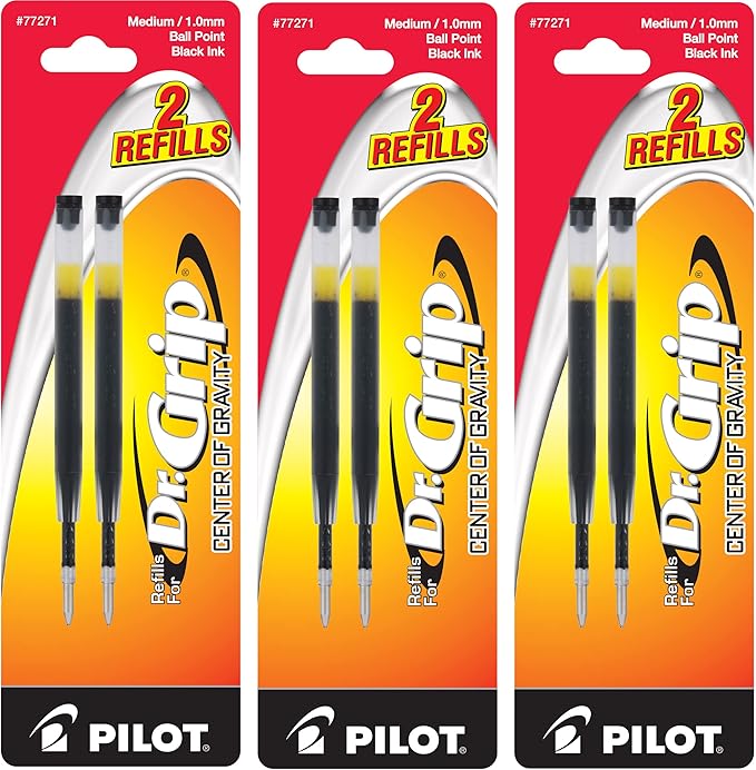 Pilot Dr. Grip Center of Gravity Ballpoint Pen Refills, Medium Point, Black Ink, 3 Packs of 2 Refills (6 Refills Total)